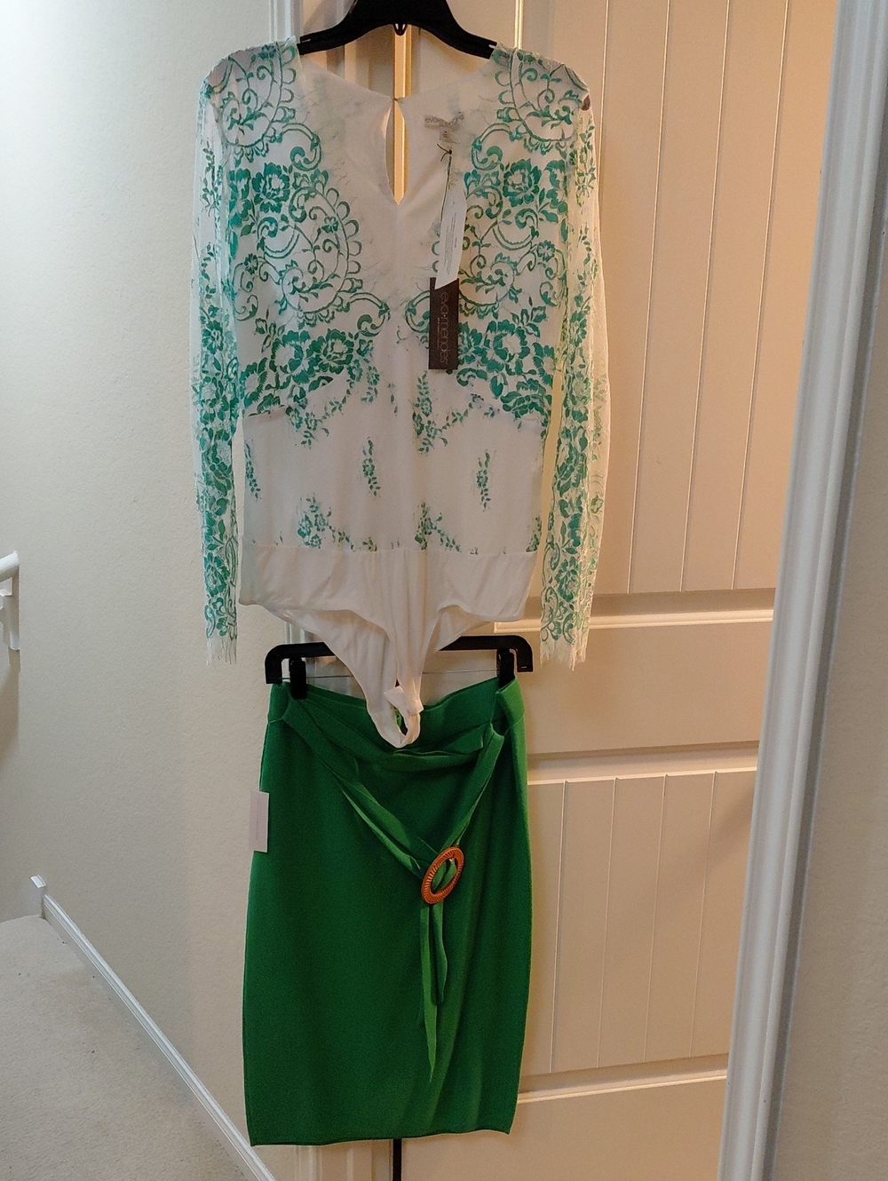 Green Wrap Pencil Skirt with Ivory & Green Lace Bodysuit